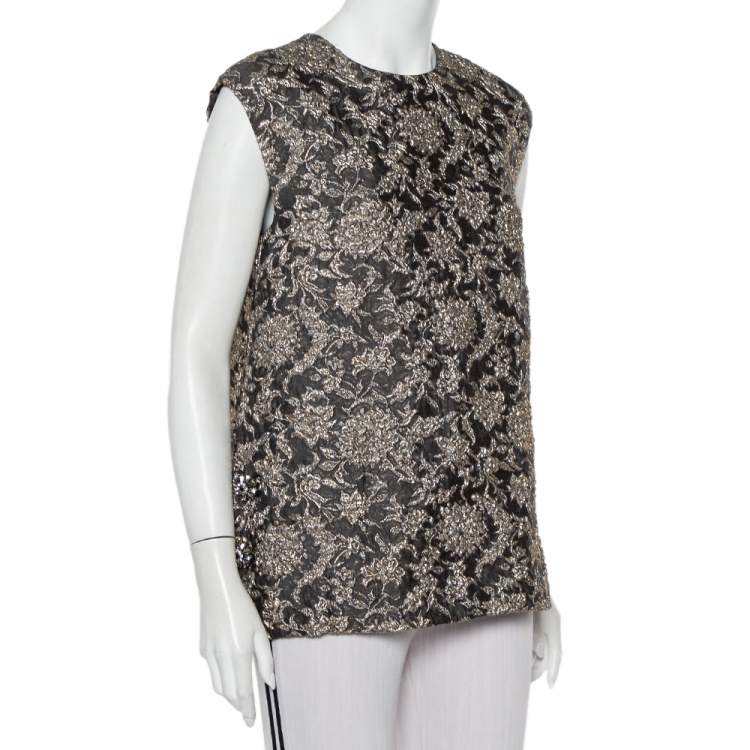 Pre Owned Dolce & Gabbana Grey Lurex Floral Jacquard Embellished Button Detail Sleeveless Top S