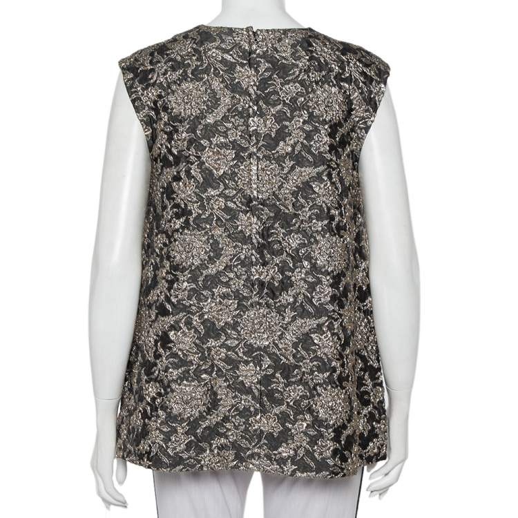 Pre Owned Dolce & Gabbana Grey Lurex Floral Jacquard Embellished Button Detail Sleeveless Top S