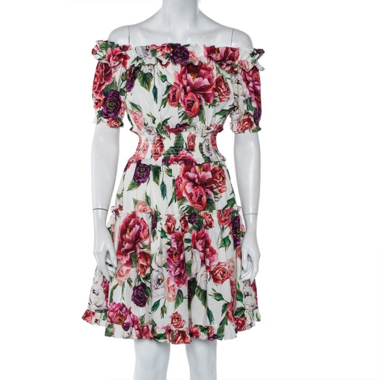 Pre Owned Dolce & Gabbana White Peony Printed Cotton Ruffle Detail Off Shoulder Mini Dress XS