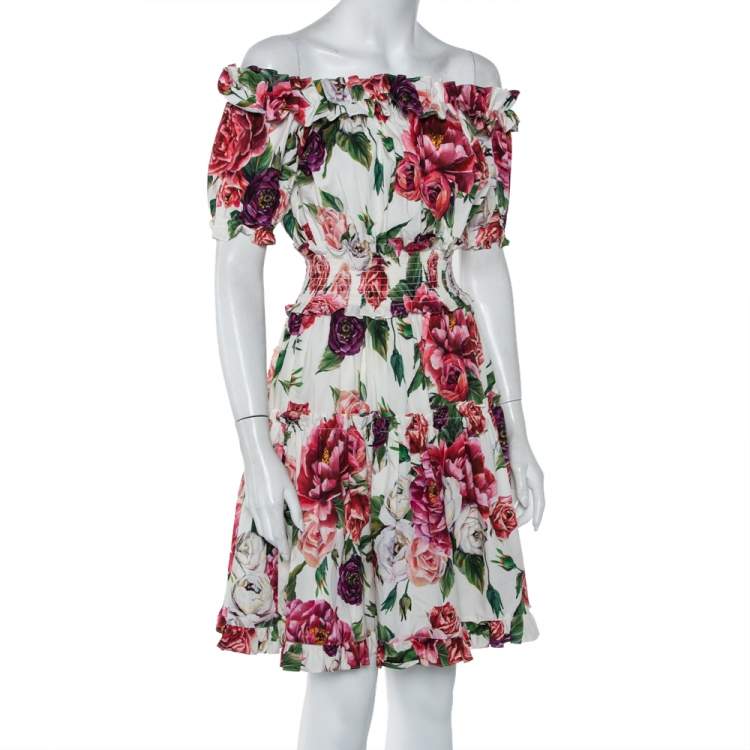 Pre Owned Dolce & Gabbana White Peony Printed Cotton Ruffle Detail Off Shoulder Mini Dress XS