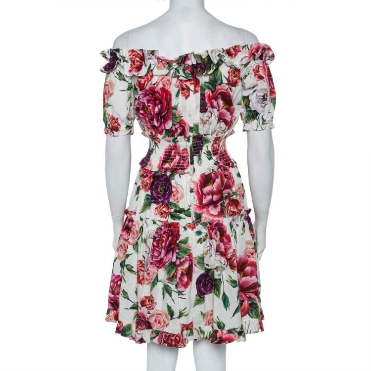 Pre Owned Dolce & Gabbana White Peony Printed Cotton Ruffle Detail Off Shoulder Mini Dress XS
