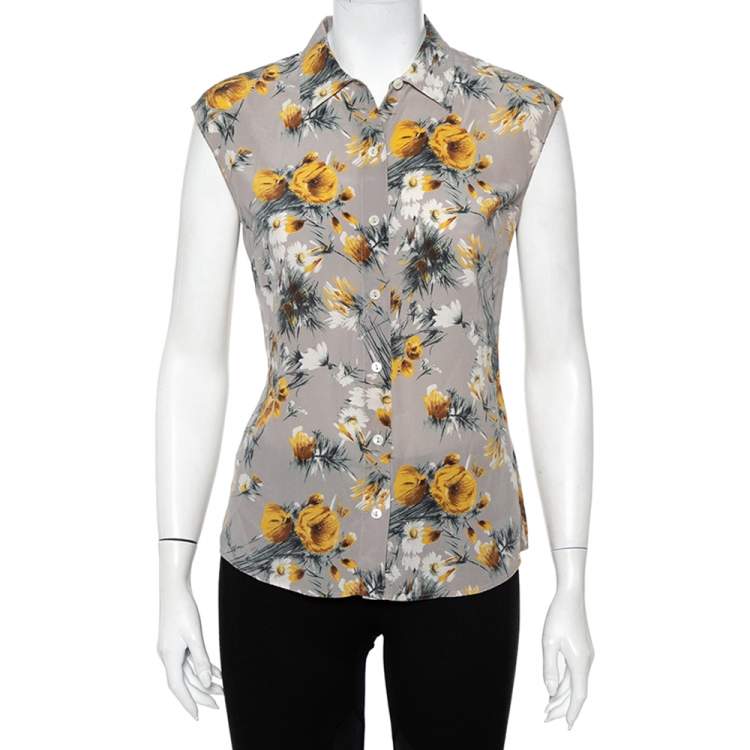 Pre Owned Dolce & Gabbana Grey Floral Printed Silk Sleeveless Shirt S