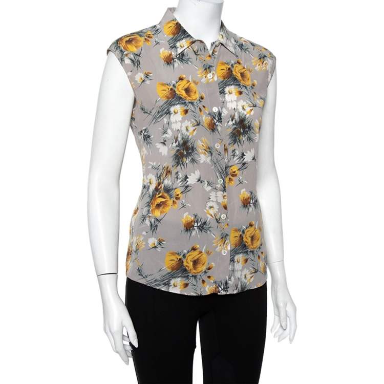 Pre Owned Dolce & Gabbana Grey Floral Printed Silk Sleeveless Shirt S
