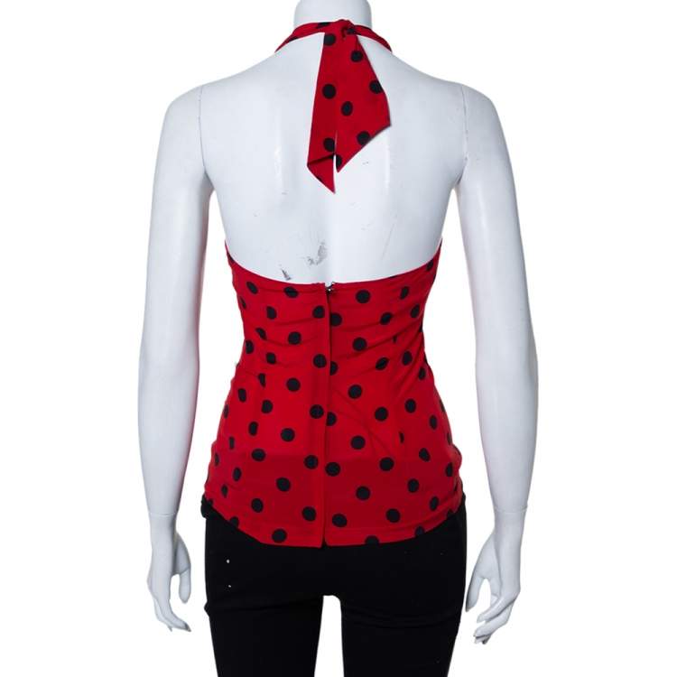 Pre Owned Dolce & Gabbana Red Polka Dotted Silk Halterneck Top S