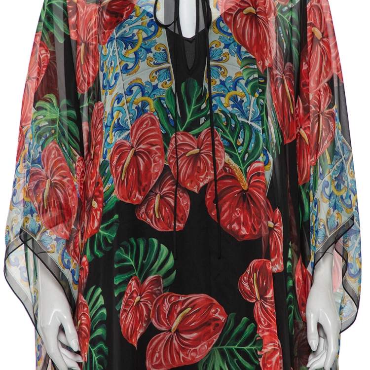Pre Owned Dolce & Gabbana Multicolor Anthurium Printed Silk Kaftan Maxi Dress L