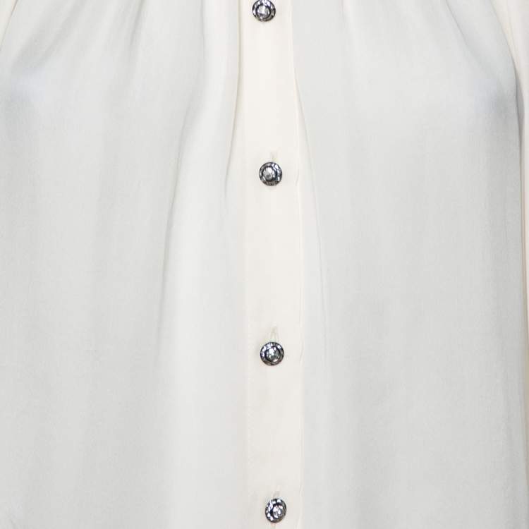 Pre Owned Dolce & Gabbana off White Silk Embellished Button Detail Bell Sleeve Top S