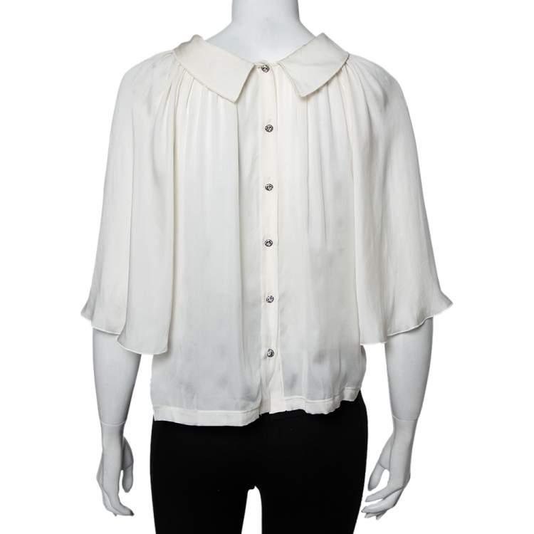 Pre Owned Dolce & Gabbana off White Silk Embellished Button Detail Bell Sleeve Top S