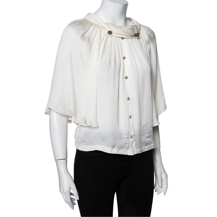 Pre Owned Dolce & Gabbana off White Silk Embellished Button Detail Bell Sleeve Top S