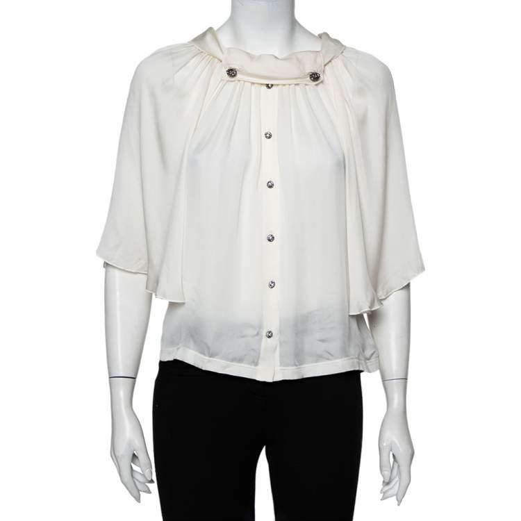 Pre Owned Dolce & Gabbana off White Silk Embellished Button Detail Bell Sleeve Top S
