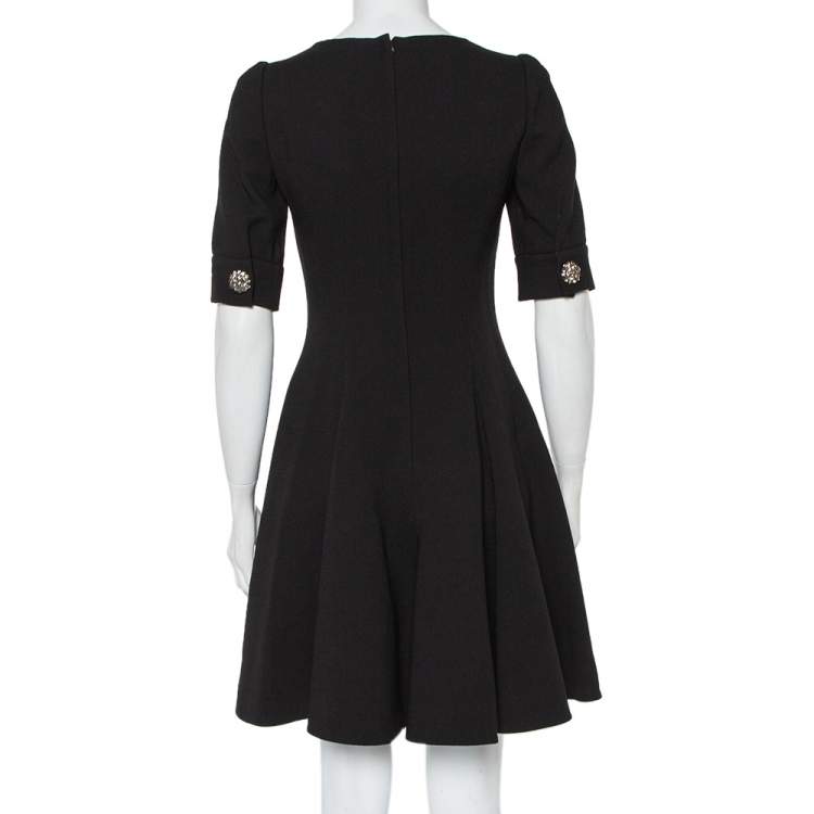 Pre Owned Dolce & Gabbana Black Wool Crepe Short Sleeve A-Line Dress S