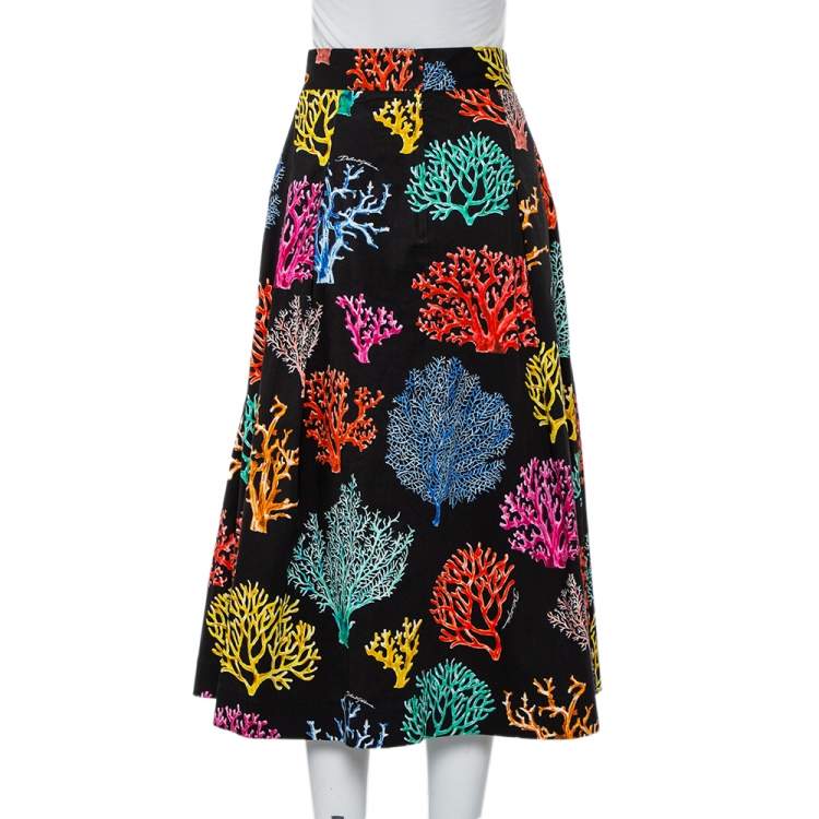 Pre Owned Dolce & Gabbana Black Coral Print Cotton Midi Skirt L