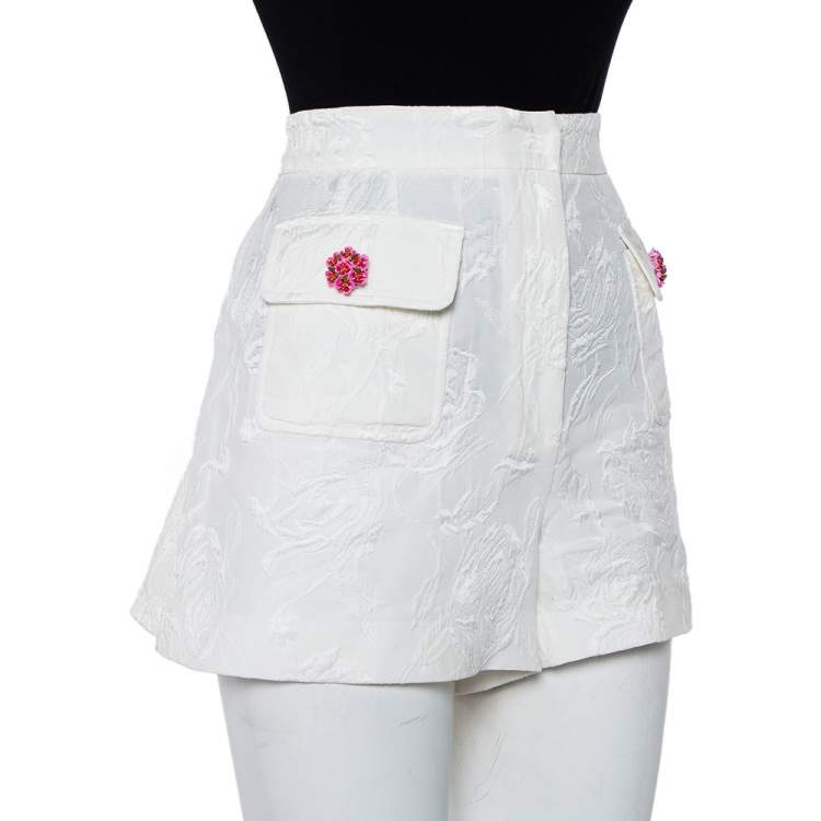 مملوكة مسبقًا Dolce & Gabbana White Floral Jacquard Embellished Detail Shorts L