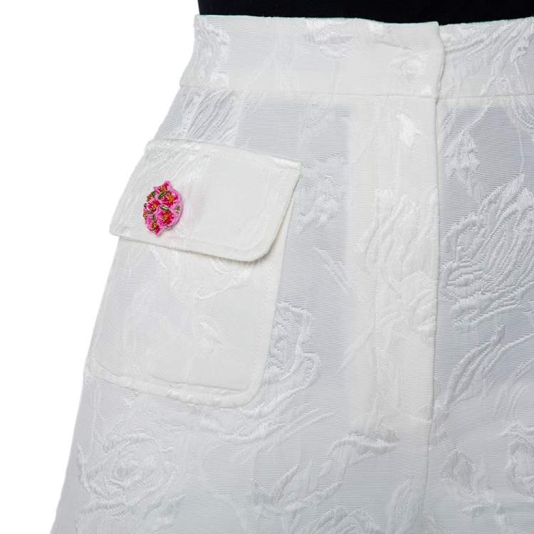 مملوكة مسبقًا Dolce & Gabbana White Floral Jacquard Embellished Detail Shorts L