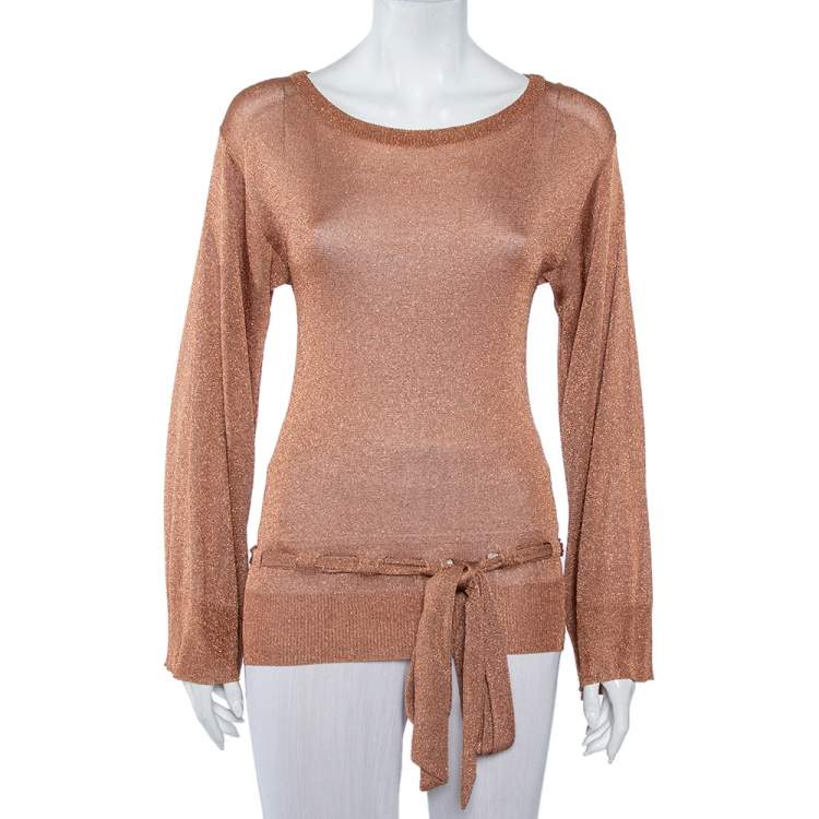 Pre Owned Dolce & Gabbana Brown Lurex Knit Waist Tie Detail Top M