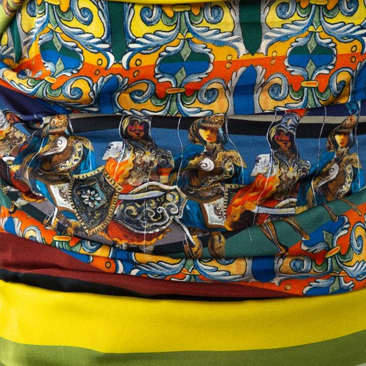 Pre Owned Dolce & Gabbana Multicolor Sicilian Warrior Stripe Printed Silk Ruched Sleeveless Mini Dress L