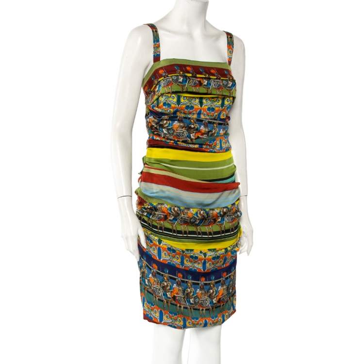 Pre Owned Dolce & Gabbana Multicolor Sicilian Warrior Stripe Printed Silk Ruched Sleeveless Mini Dress L