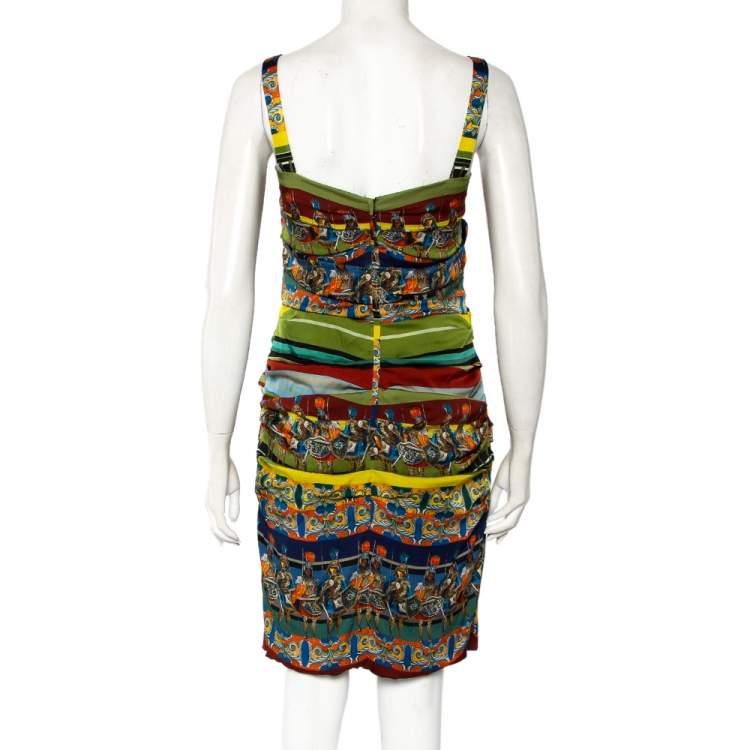 Pre Owned Dolce & Gabbana Multicolor Sicilian Warrior Stripe Printed Silk Ruched Sleeveless Mini Dress L