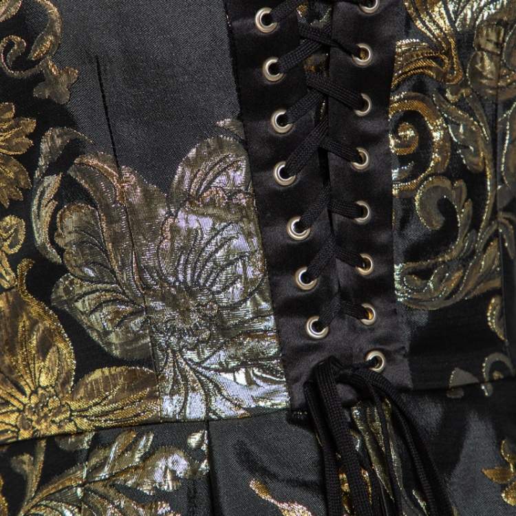Pre Owned Dolce & Gabbana Black and Gold Jacquard Bead Detail Off Shoulder Corset Top S