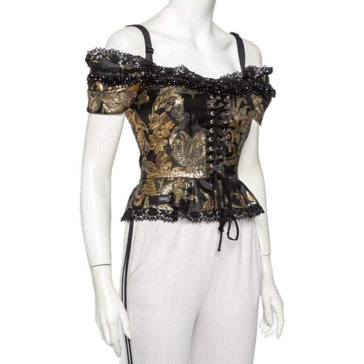 Pre Owned Dolce & Gabbana Black and Gold Jacquard Bead Detail Off Shoulder Corset Top S