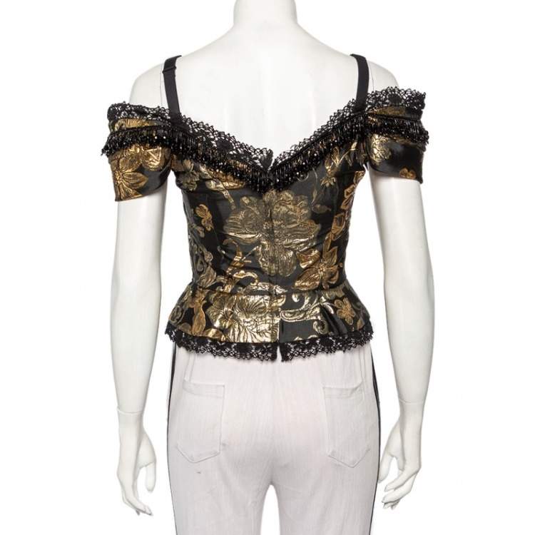 Pre Owned Dolce & Gabbana Black and Gold Jacquard Bead Detail Off Shoulder Corset Top S
