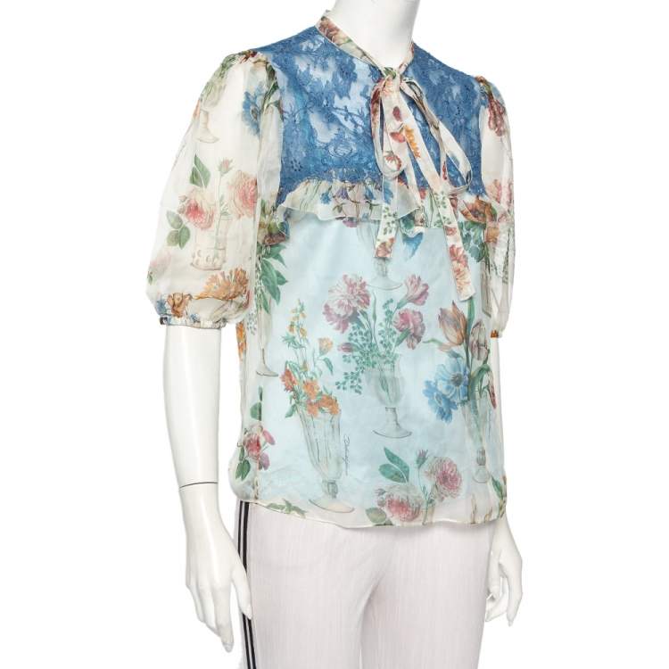 Pre Owned Dolce & Gabbana Multicolor Silk & Lace Neck Tie Detail Top M