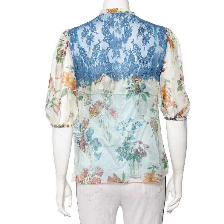 Pre Owned Dolce & Gabbana Multicolor Silk & Lace Neck Tie Detail Top M