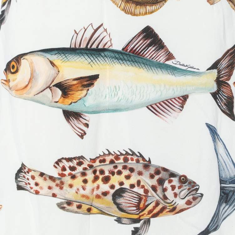 Pre Owned Dolce & Gabbana Cream Fish Printed Crepe A-Line Midi Skirt S