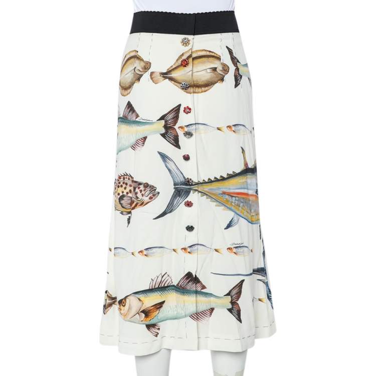Pre Owned Dolce & Gabbana Cream Fish Printed Crepe A-Line Midi Skirt S