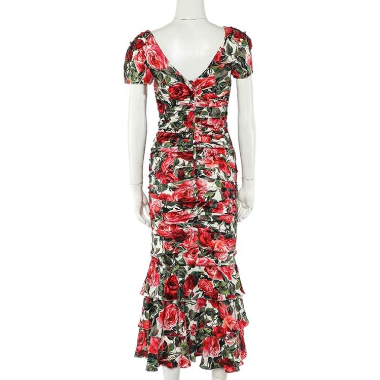 Pre Owned Dolce & Gabbana Multicolor Floral Printed Silk Crepe Ruched Midi Dress S