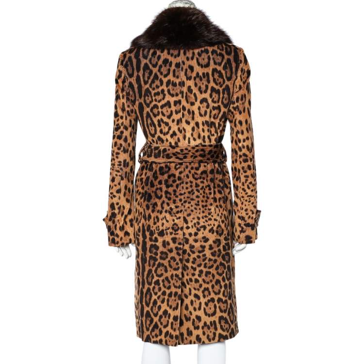 Pre Owned Dolce & Gabbana Brown Leopard Printed Corduroy Fur Collar Detail Coat M 
