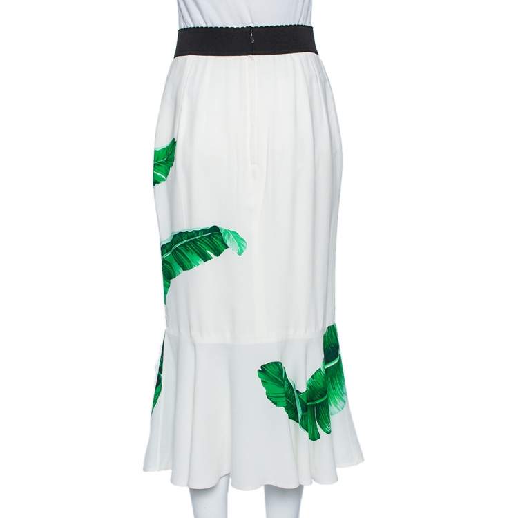 Pre Owned Dolce & Gabbana White Banana Leaf Printed Crepe Flared Hem Midi Skirt M