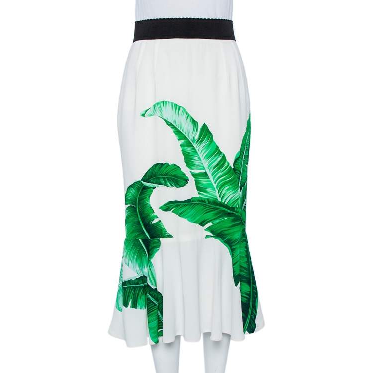 Pre Owned Dolce & Gabbana White Banana Leaf Printed Crepe Flared Hem Midi Skirt M
