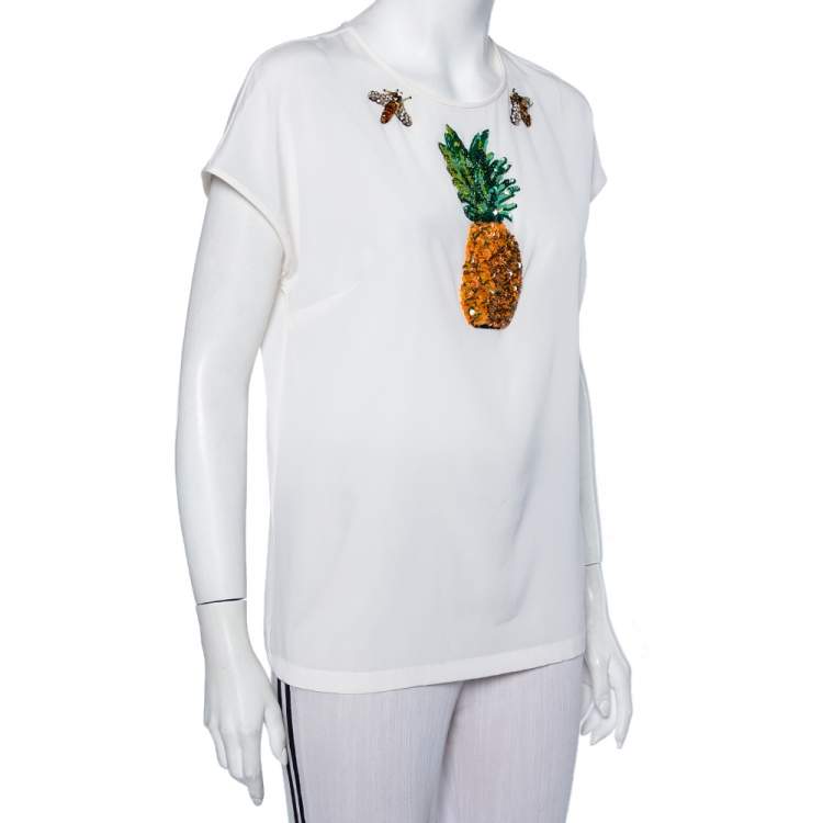 مملوكة مسبقًا Dolce & Gabbana Cream Silk Sequin Embellished Top M
