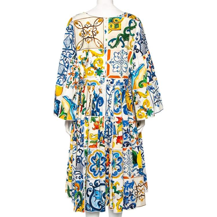 Pre Owned Dolce & Gabbana Multicolor Majolica Printed Cotton Pleated Neckline Flared Midi Dress L