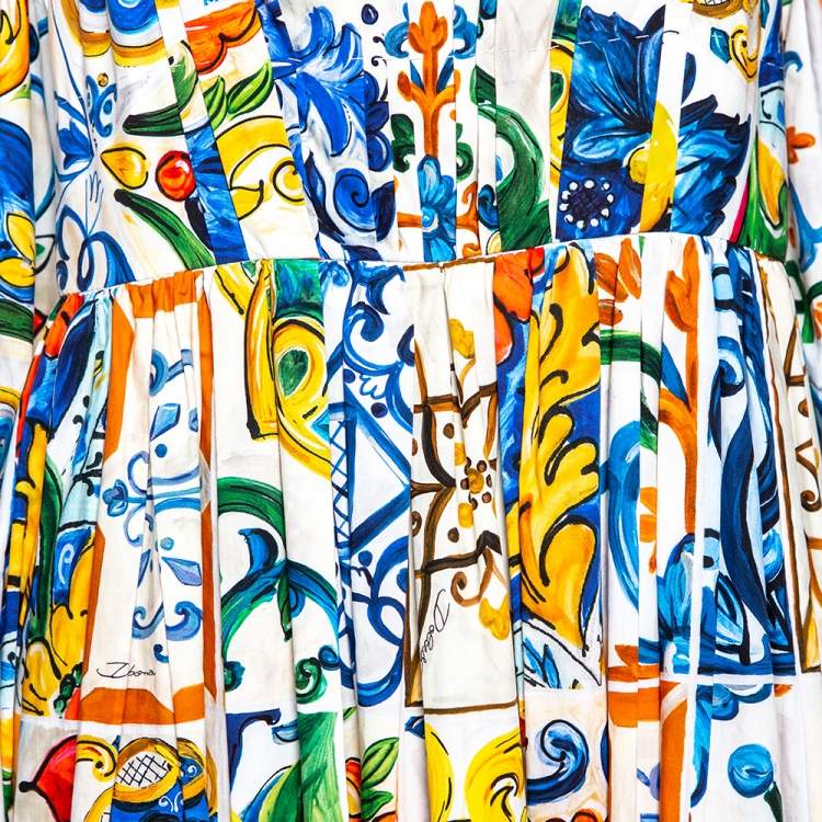 Pre Owned Dolce & Gabbana Multicolor Majolica Printed Cotton Pleated Neckline Flared Midi Dress L
