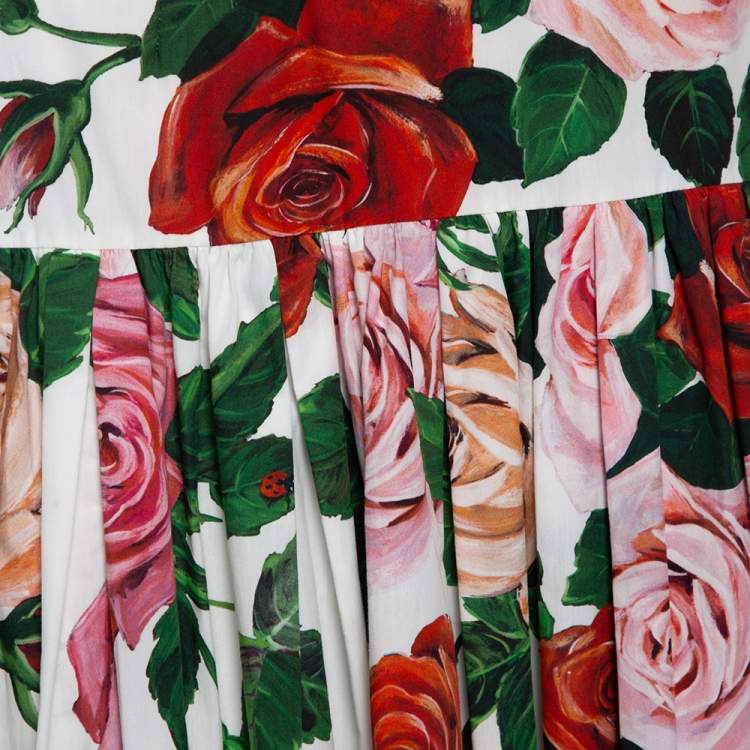 Pre Owned Dolce & Gabbana White Rose Printed Cotton Flared Mini Skirt L