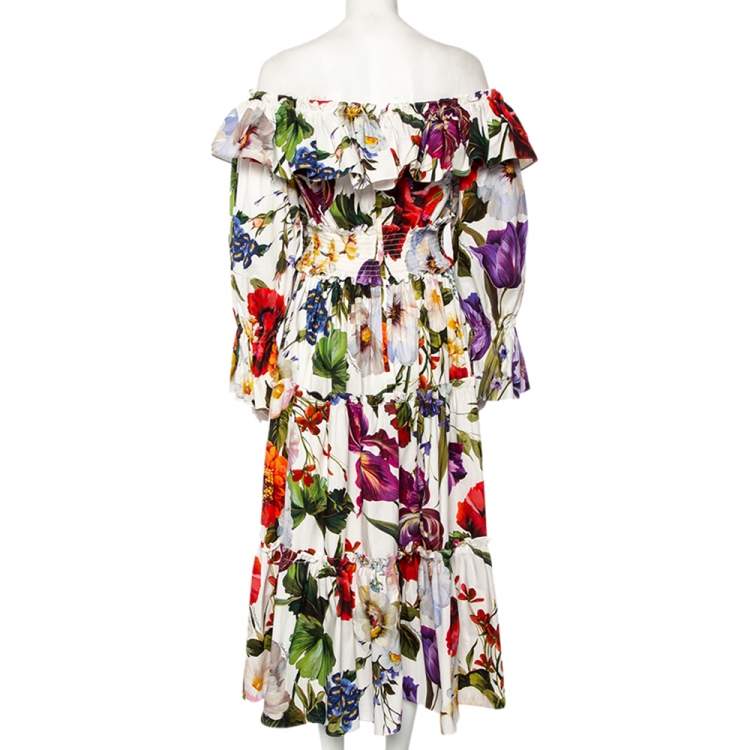 Pre Owned Dolce & Gabbana White Floral Printed Cotton Ruffle Detail Tiered Off Shoulder Midi Dress L