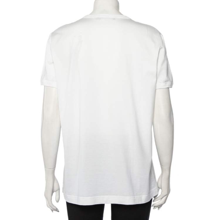 Pre Owned Dolce & Gabbana White Logo Printed Cotton Floral Applique Detail Crewneck T-Shirt L
