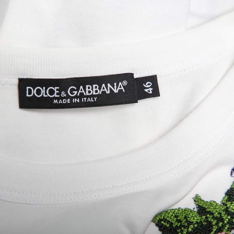 Pre Owned Dolce & Gabbana White Logo Printed Cotton Floral Applique Detail Crewneck T-Shirt L