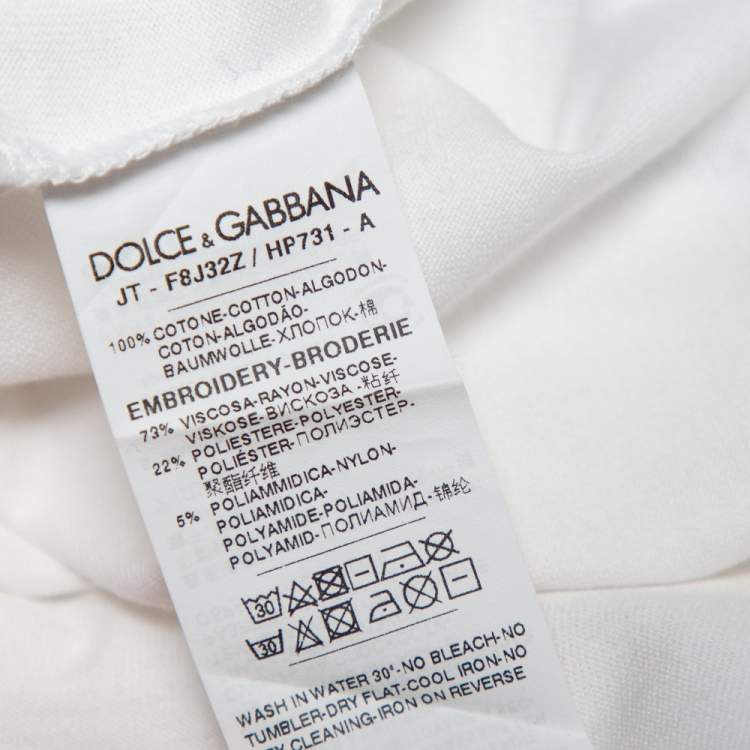 Pre Owned Dolce & Gabbana White Logo Printed Cotton Floral Applique Detail Crewneck T-Shirt L