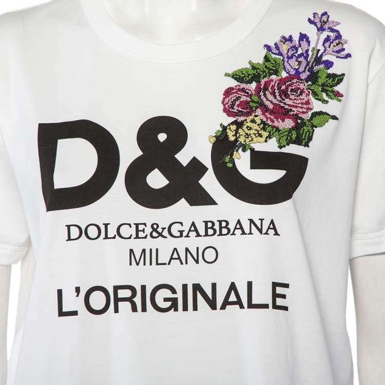 Pre Owned Dolce & Gabbana White Logo Printed Cotton Floral Applique Detail Crewneck T-Shirt L
