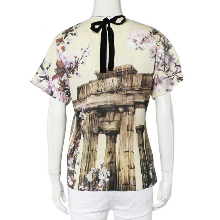 Pre Owned Dolce & Gabbana Cream Ancient Greece & Almond Blossom Printed Silk Top S