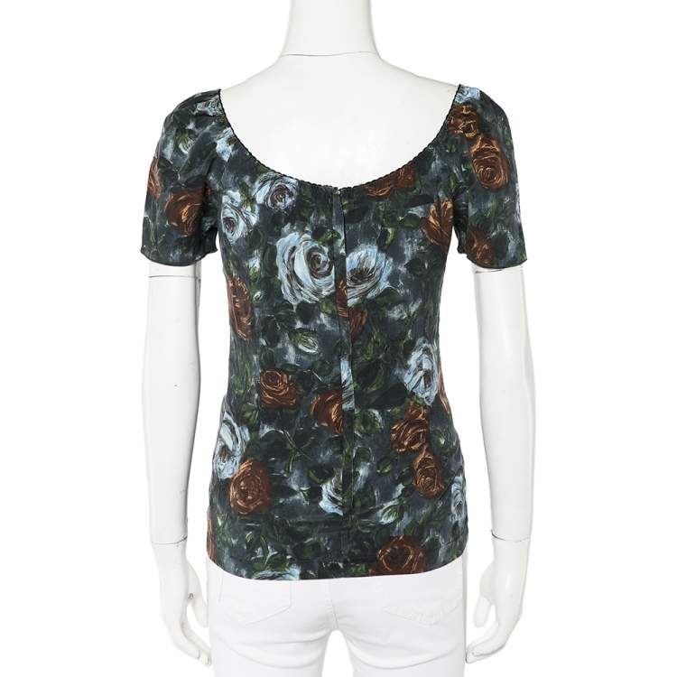 Pre Owned Dolce & Gabbana Grey Floral Printed Silk Scoop Neck Top S