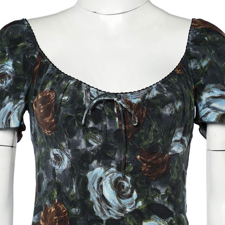 Pre Owned Dolce & Gabbana Grey Floral Printed Silk Scoop Neck Top S