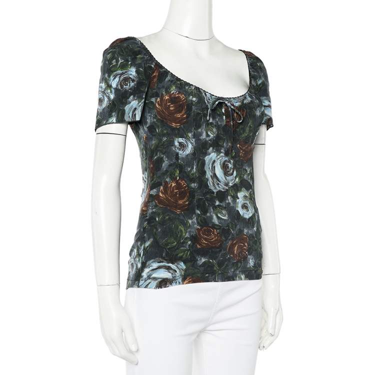 Pre Owned Dolce & Gabbana Grey Floral Printed Silk Scoop Neck Top S
