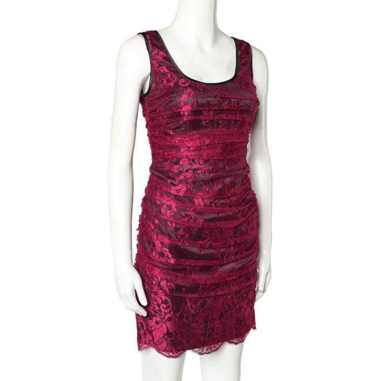 Pre Owned Dolce & Gabbana Magenta Lace Contrast Satin Trim Ruched Sleeveless Mini Dress S