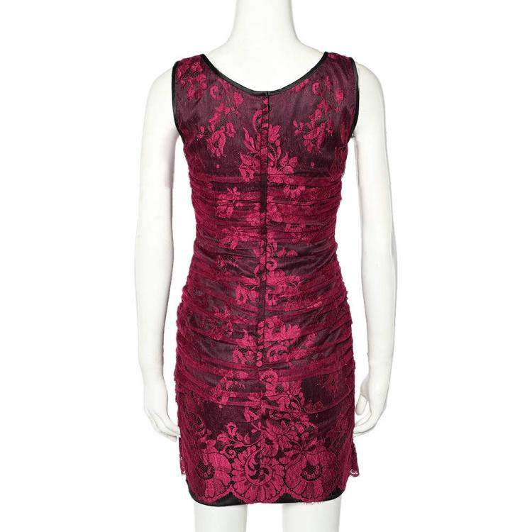 Pre Owned Dolce & Gabbana Magenta Lace Contrast Satin Trim Ruched Sleeveless Mini Dress S