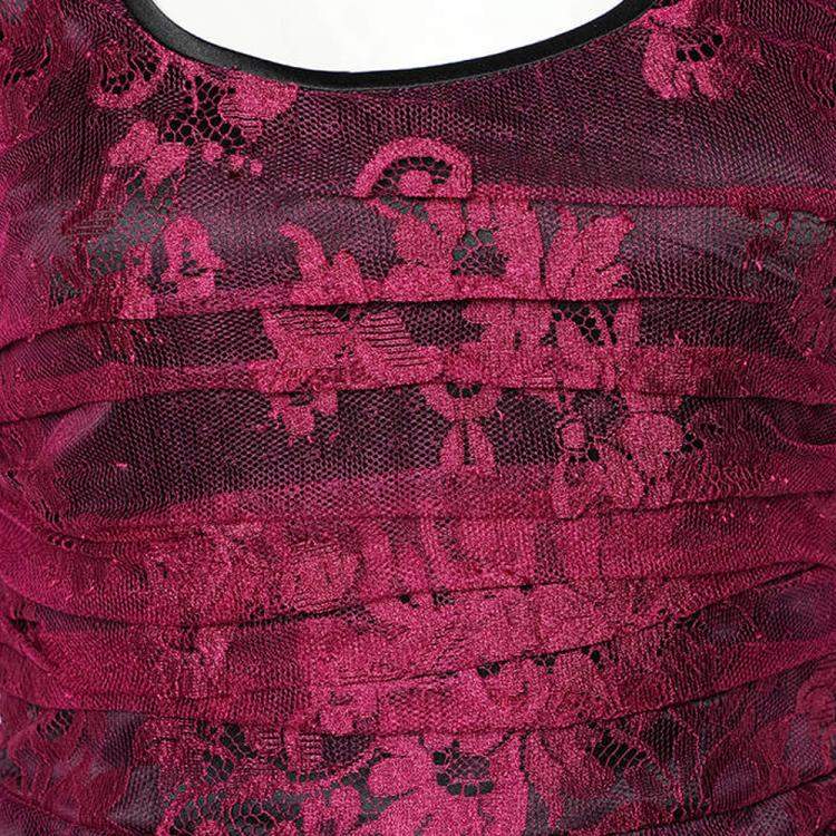 Pre Owned Dolce & Gabbana Magenta Lace Contrast Satin Trim Ruched Sleeveless Mini Dress S