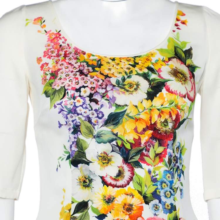 Pre Owned Dolce & Gabbana Cream Floral Printed Roundneck Top S