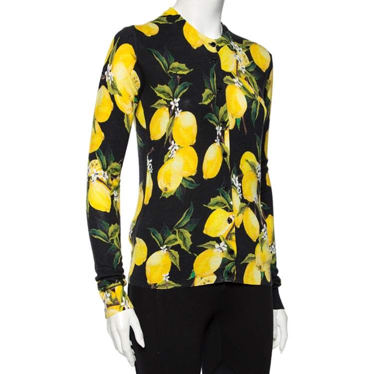 Pre Owned Dolce & Gabbana Black lemon printed Silk & Cashmere Button Front Cardigan S